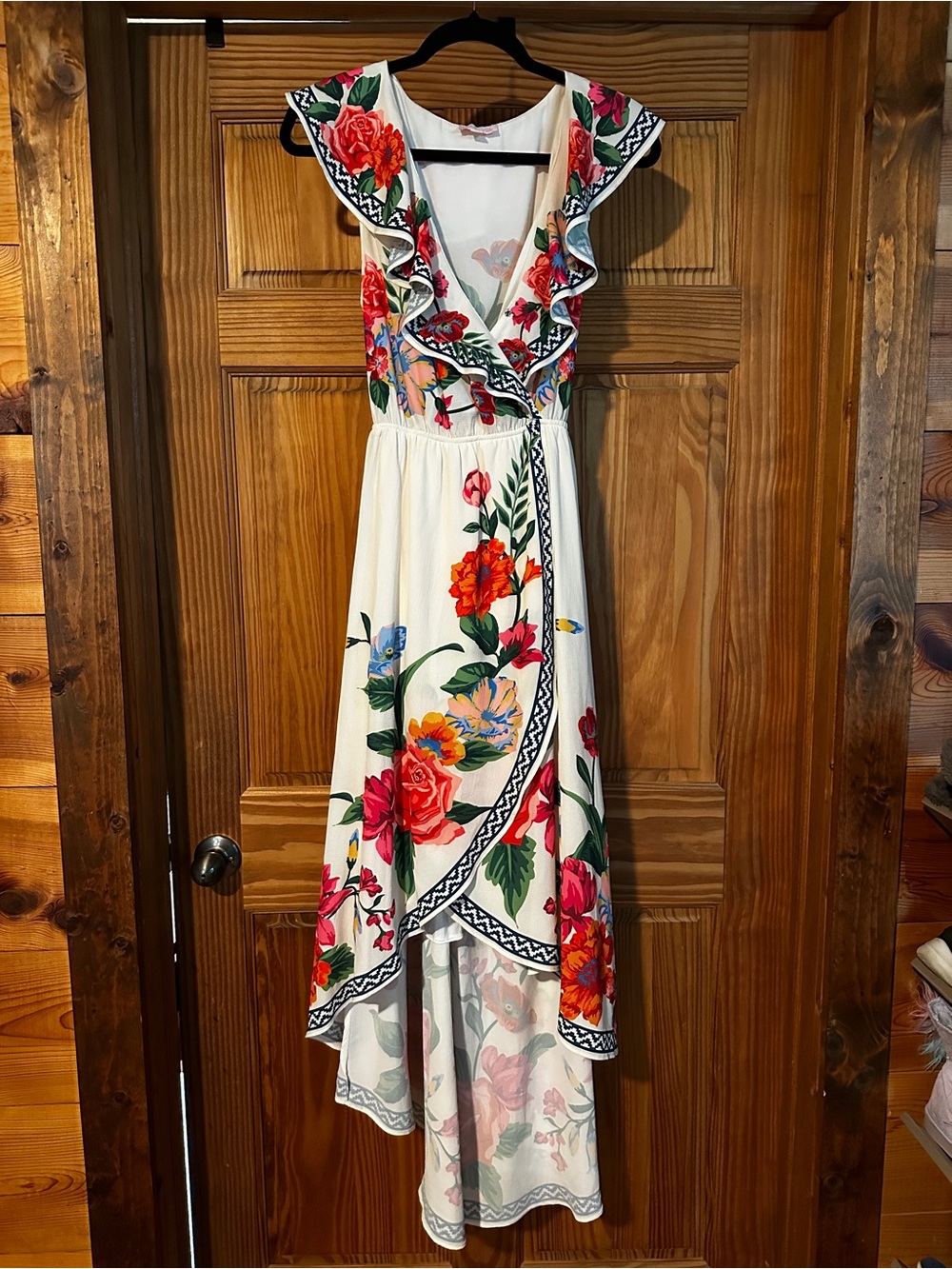 Pink Lily White Maxi Dress with Red, Pink & Orange Floral Print